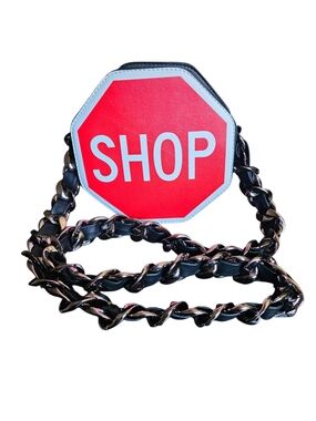 Red 'SHOP' Octagon Crossbody Bag with Black Chain Strap